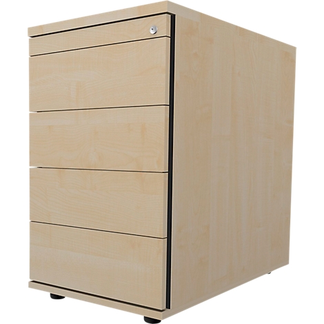 Beige wooden office cabinet with four drawers and lock, black lines, on a black base.