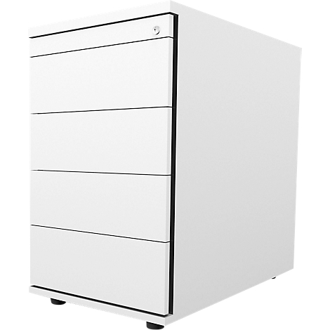 White mobile pedestal with four drawers. The container stands on black feet.