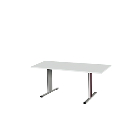 Una mesa rectangular blanca con dos patas metálicas. Una pata tiene un borde rojo.