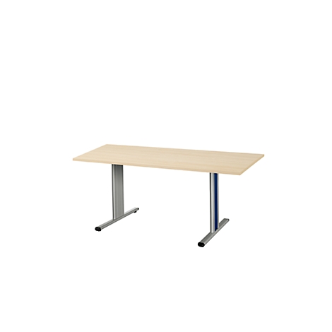 Escritorio rectangular, aspecto de madera, patas de metal gris.