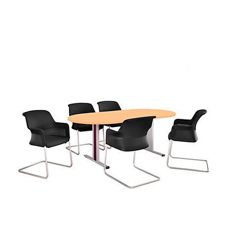 Conference table with five black chairs on a white background.
