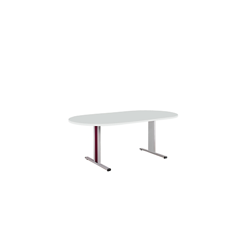 Oval white conference table with two silver legs. One leg has a burgundy column.