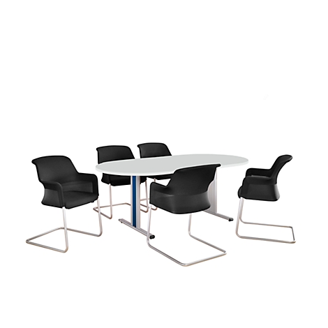 An oval table with a white top and metal frame. Around it are 5 black chairs with chrome runners.