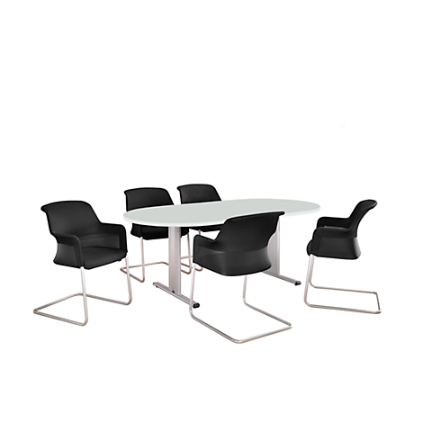 An oval table with five black chairs in front of a white background.
