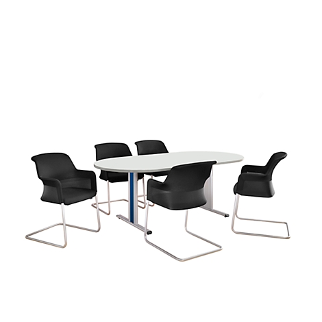 An oval table with five black chairs against a white background.