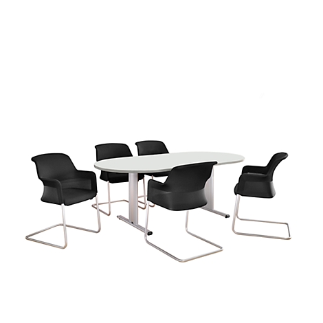 An oval table with five black chairs against a white background.