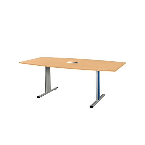 Beige conference table with metal legs on a white background. A recess is visible in the middle of the table.