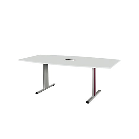 A white conference table with a rectangular tabletop. It has silver metal legs.