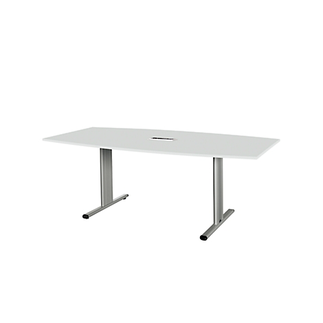 White conference table with silver legs, rectangular with rounded corners. There is a recess in the middle.