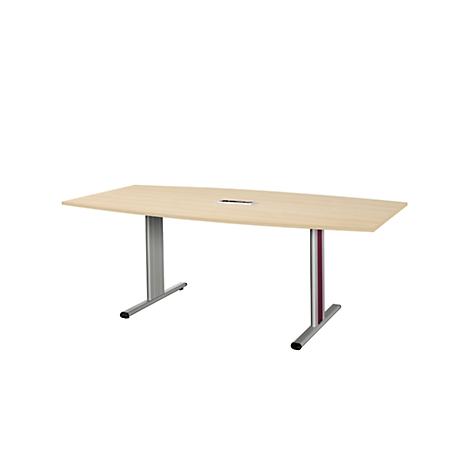A rectangular, light-colored table with two silver legs, on a light background.