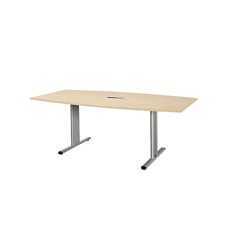 A rectangular, light brown conference table supported by two silver, T-shaped legs.