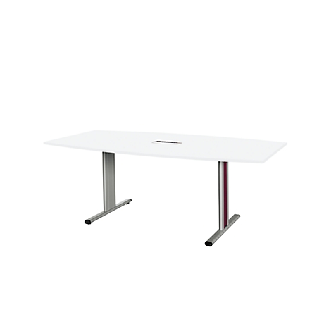 White conference table with rectangular tabletop and two T-shaped silver legs.