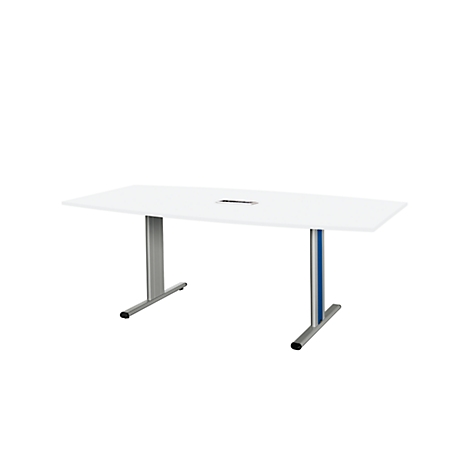 White conference table with gray legs and blue accents, isolated.