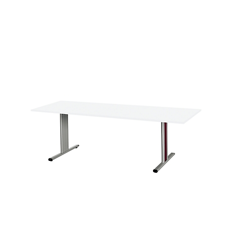 White table with two metal legs, white background.