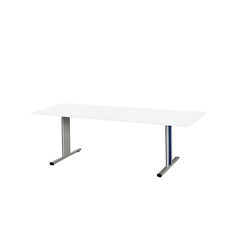 White desk, rectangular table top, two metal legs.