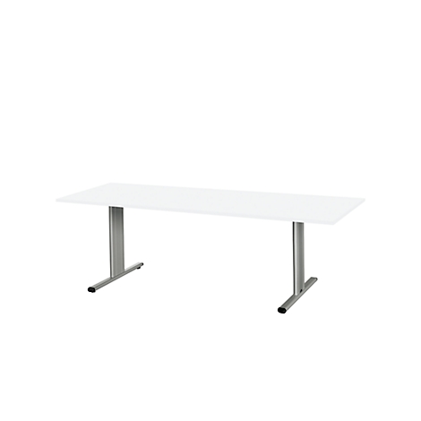 White rectangular table with two silver legs.