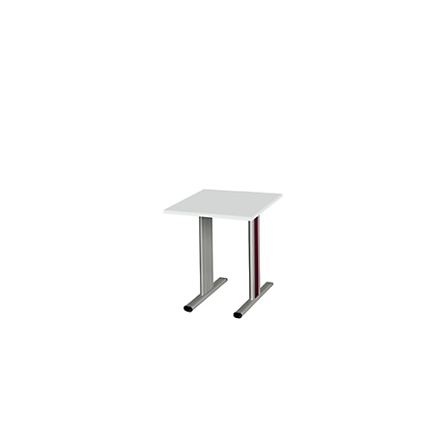Square white table with two silver legs and a red center column.