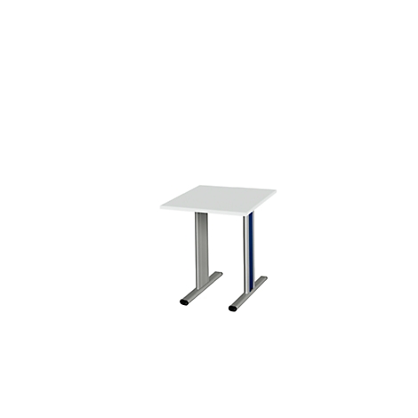 A white square table against a white background. It has two gray legs with blue painted middle sections.