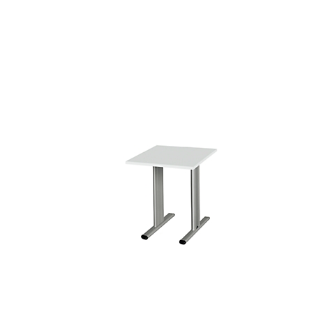 Small, square table with white table top and two silver, rectangular legs.