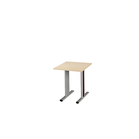Small square table with light brown tabletop, silver legs, and a red accent.