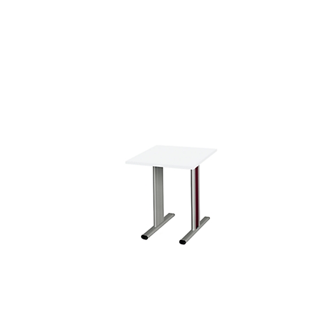 Square white table with two silver legs and a red accent.