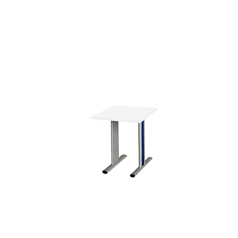 White square table with two grey-blue legs on a white background.
