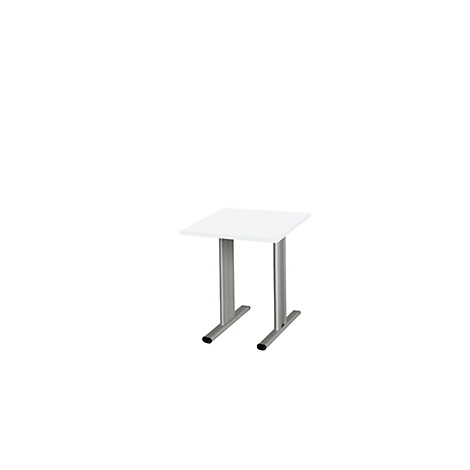 Square white table with two metal legs. On a white background.