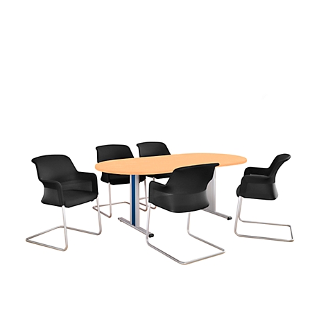 An oval wooden table with 5 black chairs. The chairs have chromed runners.