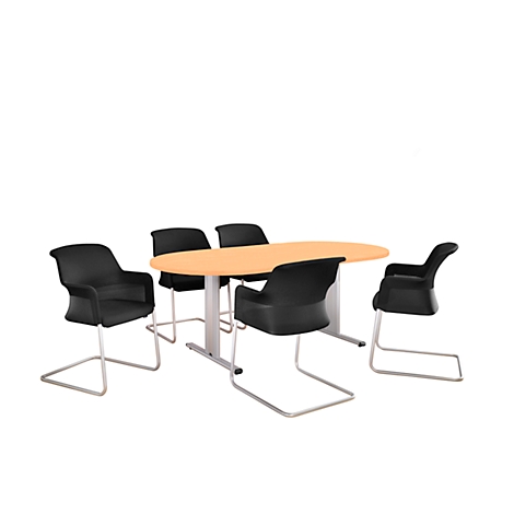 A table with an oval wooden top and 5 black chairs on a white background.