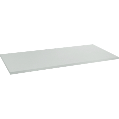 Tablette d'étagère blanche et rectangulaire, photographiée en perspective d'en haut.