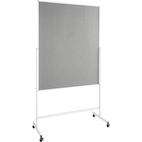 Grijze prikbord met wit frame en wielen.