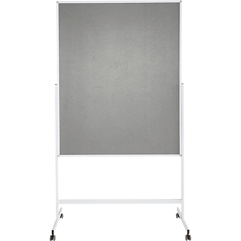 Grijze prikbord, omlijst door een wit frame. Het geheel staat op wielen.
