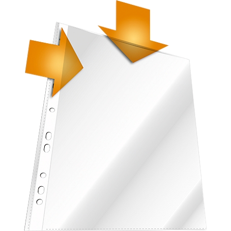 Transparente Klarsichthülle mit orangen Pfeilen zum Einlegen von Papier.