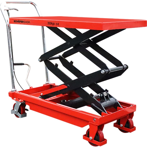 Roter hydraulischer Scherenhubtischwagen von Schäfer Shop mit schwarzem Scherengestell auf Rollen.