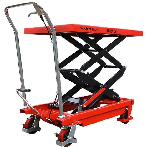 Roter hydraulischer Scherenhubtisch mit schwarzem Scherengestell, Schiebebügel und vier roten Lenkrollen.