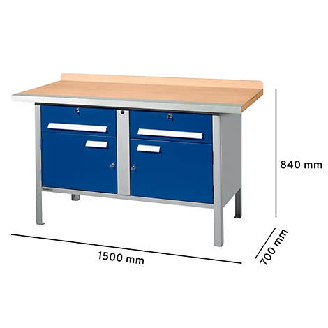 Werkbank met blauwe lades en een licht houten blad. Afmetingen: 1500 x 700 x 840 mm.