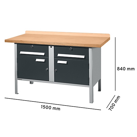 Werkbank met houten blad, grijze laden en kastdeuren. Afmetingen: 1500 x 700 x 840 mm.