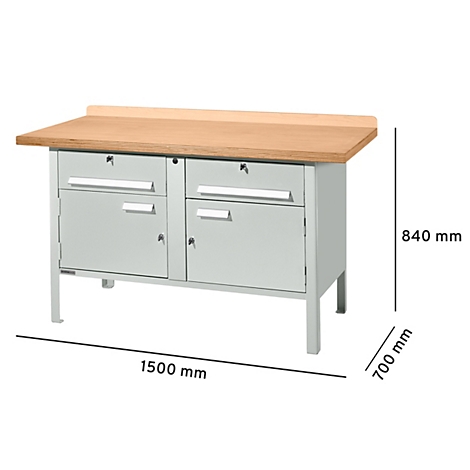 Werkbank met grijze kasten en houten blad. Afmetingen: 1500 mm breed, 700 mm diep, 840 mm hoog.