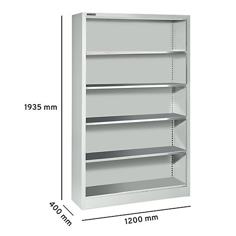 Étagère gris clair avec cinq étagères. Dimensions: 1935 mm de haut, 400 mm de profondeur, 1200 mm de large.