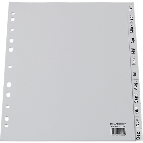 Feuille d'index grise avec indications mensuelles. Perforation à gauche, noms des mois à droite. Logo de l'entreprise et numéro d'article en bas.