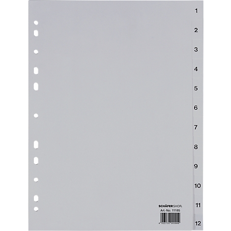 Séparateurs gris perforés avec les numéros 1-12 sur le bord. Une étiquette avec des informations sur le produit est située en bas à droite.