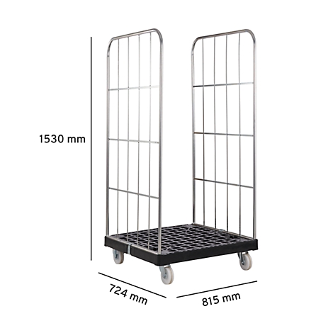 Metalen trolley met roosterbasis, vier wielen en afmetingen: 1530 mm hoog, 724 mm breed, 815 mm diep.