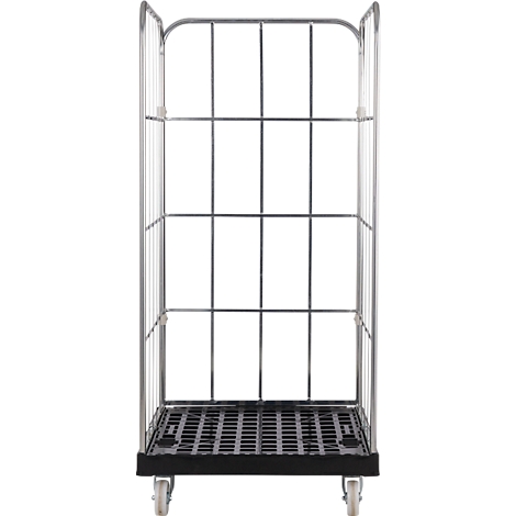 Metalen rolkooi met roosterstructuur en wielen.