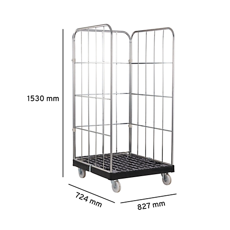 Metalen rolcontainer met afmetingen: Hoogte 1530 mm, breedte 827 mm, diepte 724 mm. Zwarte kunststof plaat, wielen.