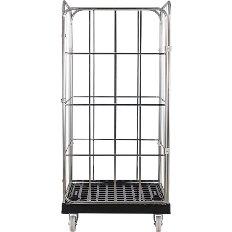 Metalen rolcontainer met roosterstructuur, zwarte bodem en wielen.