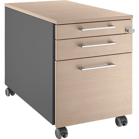 Light brown rolling file cabinet with three drawers, silver handles and gray wheels.