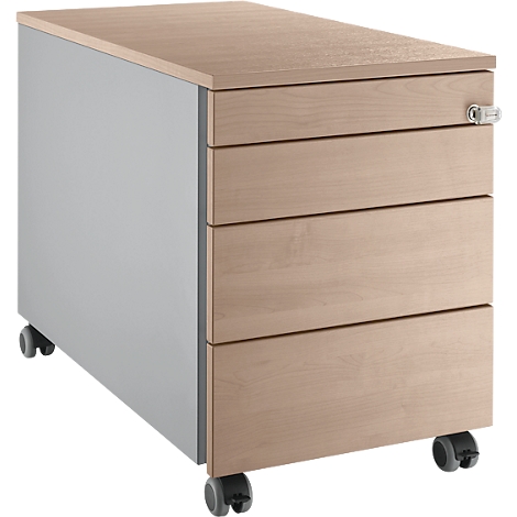 Beige Rollcontainer mit grauen Seiten und vier Schubladen. Der Container steht auf vier Rollen.
