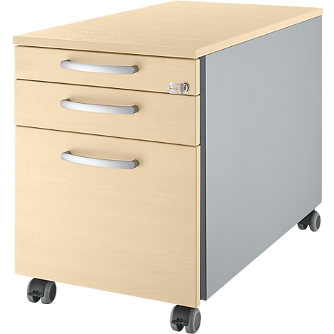Beigefarbener Rollcontainer mit drei Schubladen, silbernen Griffen und Rollen. Seitenteil grau.
