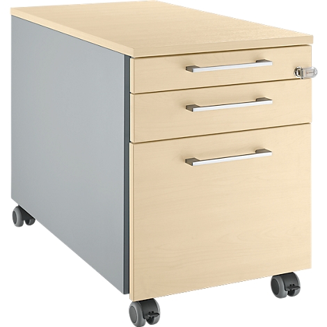 Beige-grauer Rollcontainer mit drei Schubladen, silbernen Griffen und Rollen.