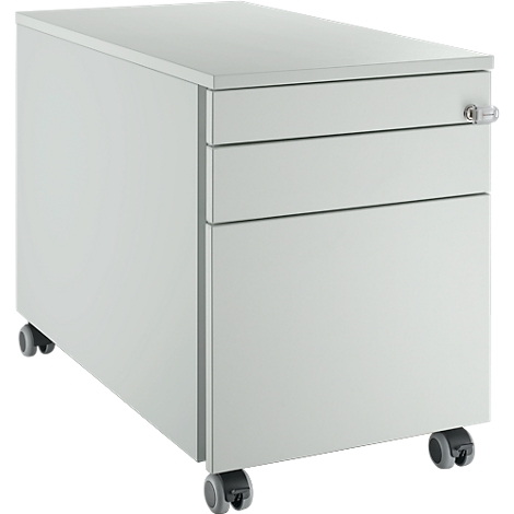 Rollcontainer in hellem Grau mit drei Schubladen, Rollen und Schloss.